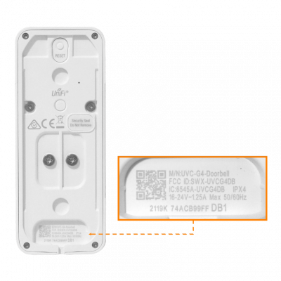 UVC-G4-DOORBELL UBIQUITI req-WiFi Timbre CCTV-IR inc/16VAC CamaraIP PIR IPX4 Microfono