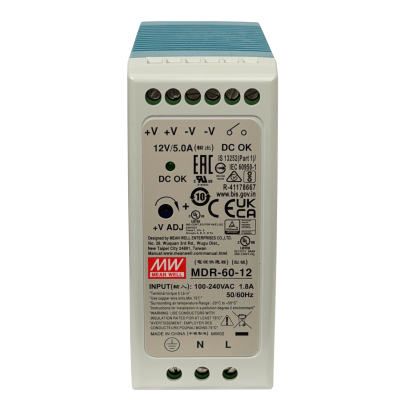 MDR-60-12 MEANWELL Fuente de Alimentación de Riel DIN 12VDC, 60W, 5A, Ajustable, Ancho 42mm