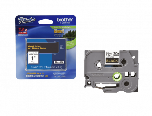 TZE-354 BROTHER Cinta de etiquetado de 24mm, impresión dorada sobre fondo negro, rollo de 8 metros, compatible con equipos PT-E550WVP, D600VP y P900W