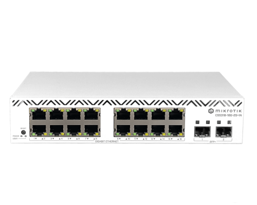 CSS318-16G-2S+IN MIKROTIK Conmutador de 16 puertos 1000Mbps, 2 ranuras SFP+ de 10Gbps, sistema SwOS Lite, montaje en bastidor, alimentación 100-240V, requiere cable C5