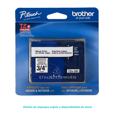TZE-241 BROTHER Cinta de 18mm Negra sobre Base Blanca de 8 metros para PT-E300VP