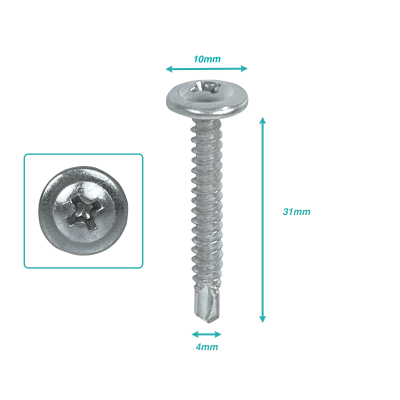 BJ8-12 Tornillo autoperforante zincado cabeza lenteja 10 mm, 8 x 1 1/4 pulgadas, largo 31 mm, paso 1,25 mm, caja de 100 unidades