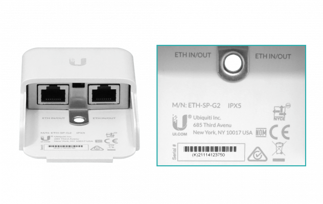 ETH-SP-G2 UBIQUITI Protector de Sobretensión Gigabit 2da Gen 10kA+ para 2 Puertos RJ45 Uso Intemperie