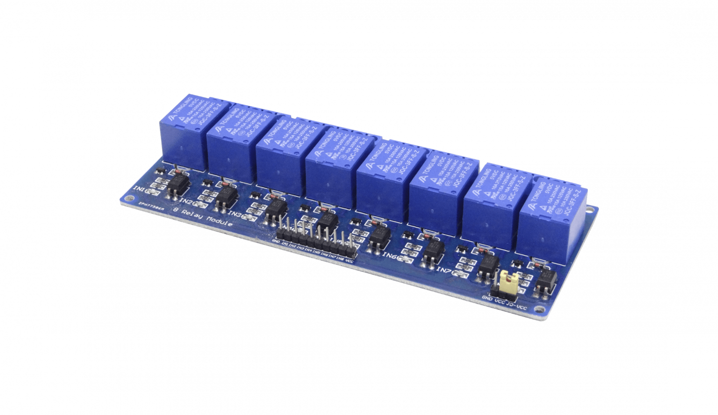 RELE-8X5 Placa de 8 Relés JQC-3FF-S-Z de 5VCC con 6 Pines, Contactos NC/NA, Indicador LED y Acoplamiento Óptico