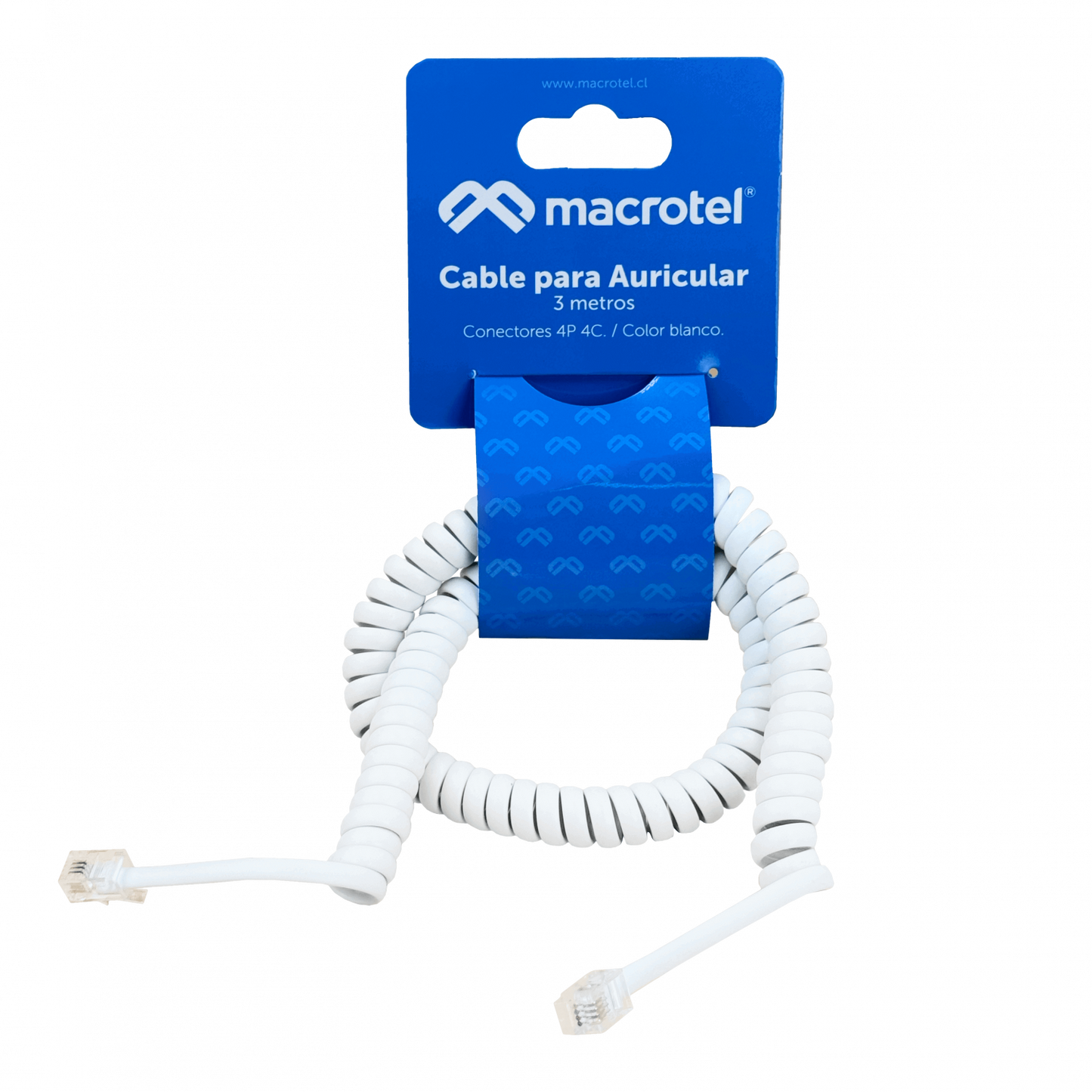 MT-1270. MACROTEL RJ9 Macho-Macho 3mt Cable Auricular Enrollado 4P4C-7,7mm Blanco