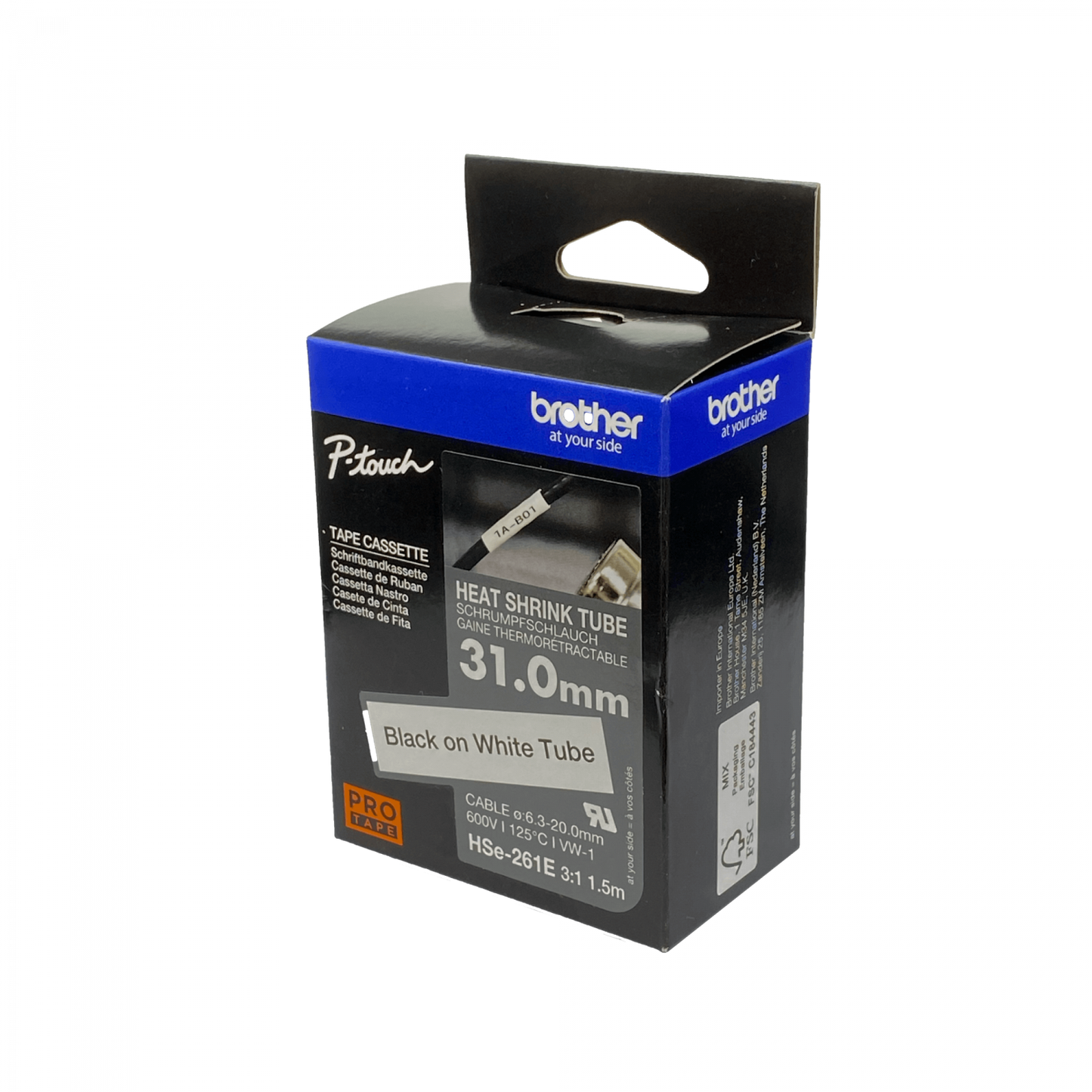 HSE-261E BROTHER 31mm Tubo Termocontraíble 6,3-20mm Negro sobre Blanco Cinta 1,5mt