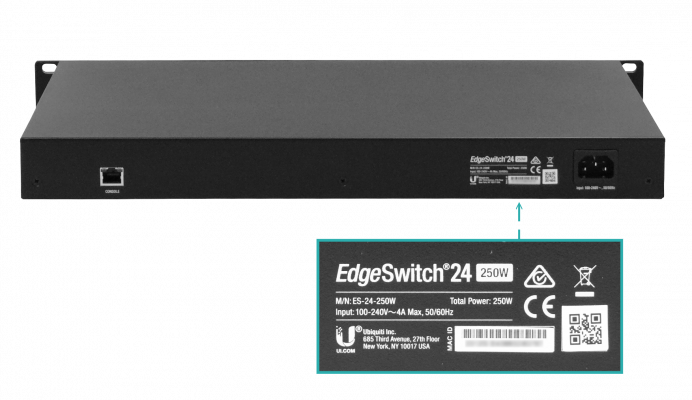ES24-250W UBIQUITI Switch capa 3 administrable 24 puertos 10/100/1000 PoE 24/48V af/at 200W total 2 SFP Servidor DHCP