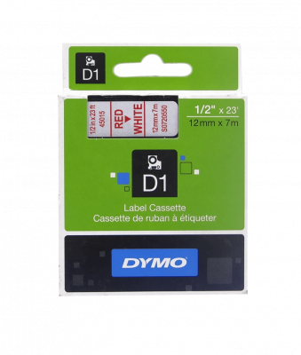 45015 DYMO 12mm Rojo en Fondo Blanco Cinta 7mt D1-Label Cassette