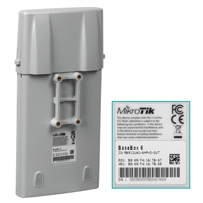 BASEBOX6 MIKROTIK Equipo 6GHz 2x2 MIMO de 5,9 a 6,4GHz, puerto Ethernet 10/100/1000, 2 conectores RP-SMA, licencia nivel 4, modelo RB912UAG-6HPnD-OUT