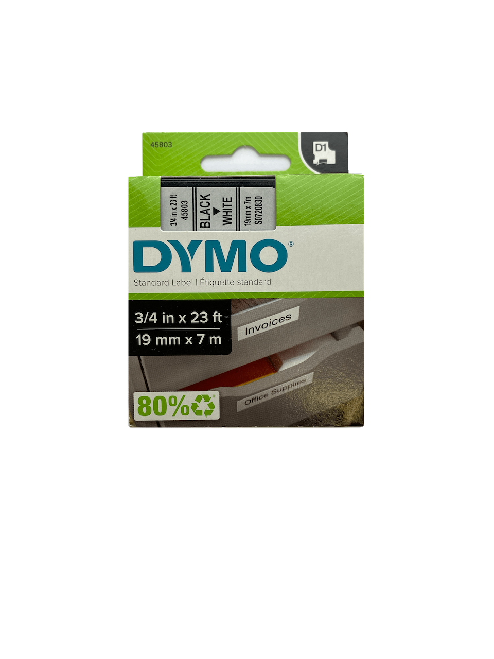 45803 DYMO 19mm Negro en Fondo Blanco Cinta 7mt D1-Label Cassette