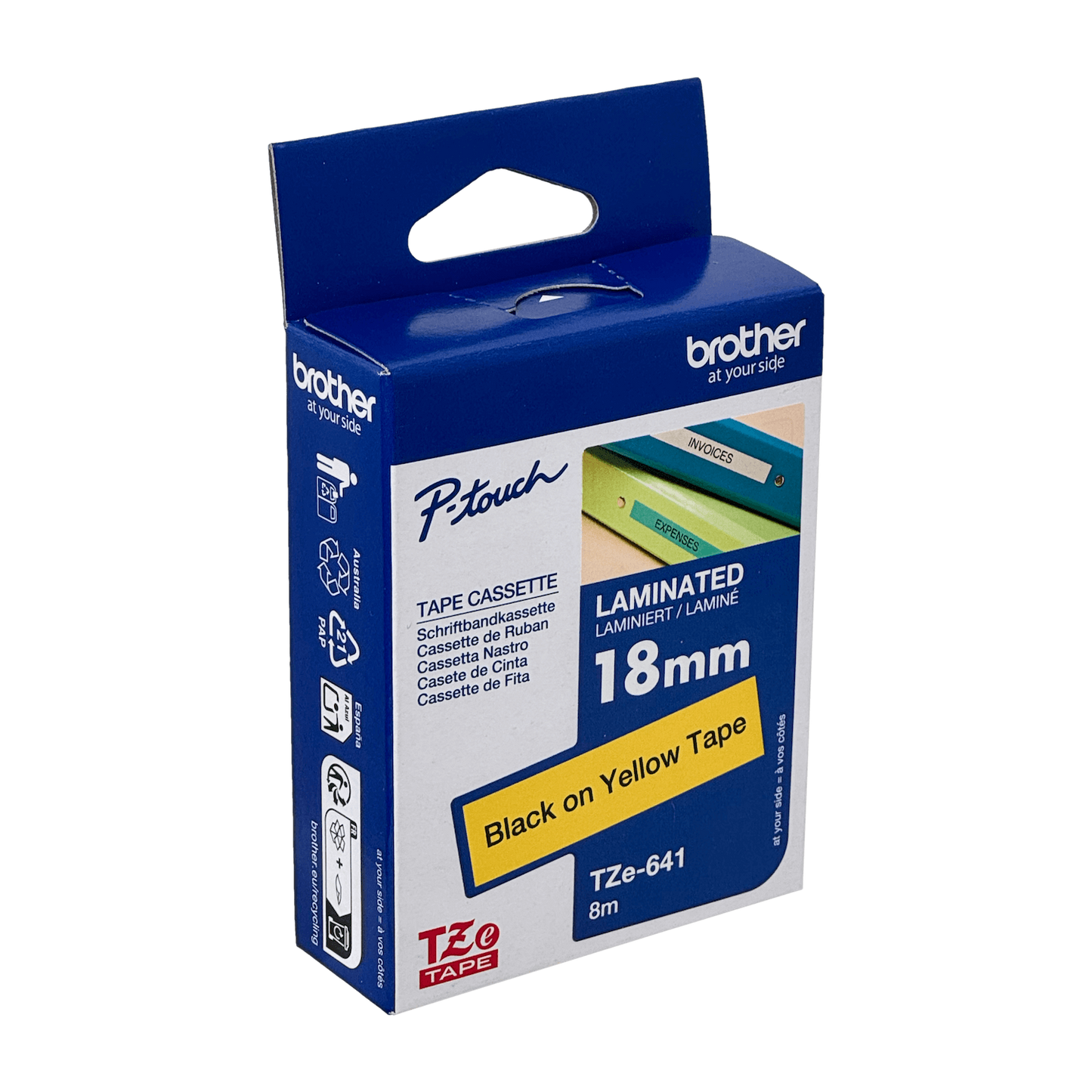 TZE-641 BROTHER 18mm Negro sobre Fondo Amarillo Cinta 8 metros para PT-E300VP/D600/E550