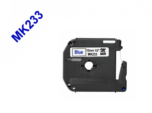 MK233 BROTHER Cartucho de Cinta de 12mm Azul sobre Blanco 8 Metros para Rotuladora PT-90