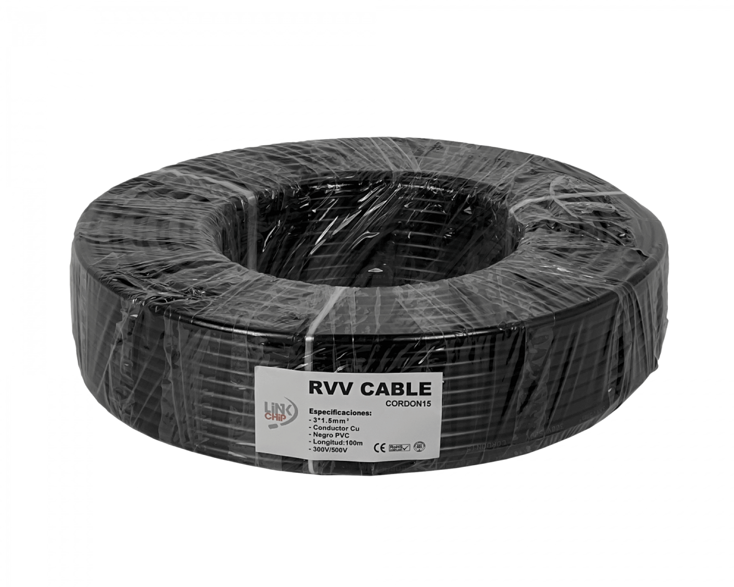 CORDON15 Cable Eléctrico Flexible RVV Negro, 3 Conductores de 1.5mm², Longitud 100 Metros, Capacidad 10-13 Amperios, Calibre 3x1.5mm