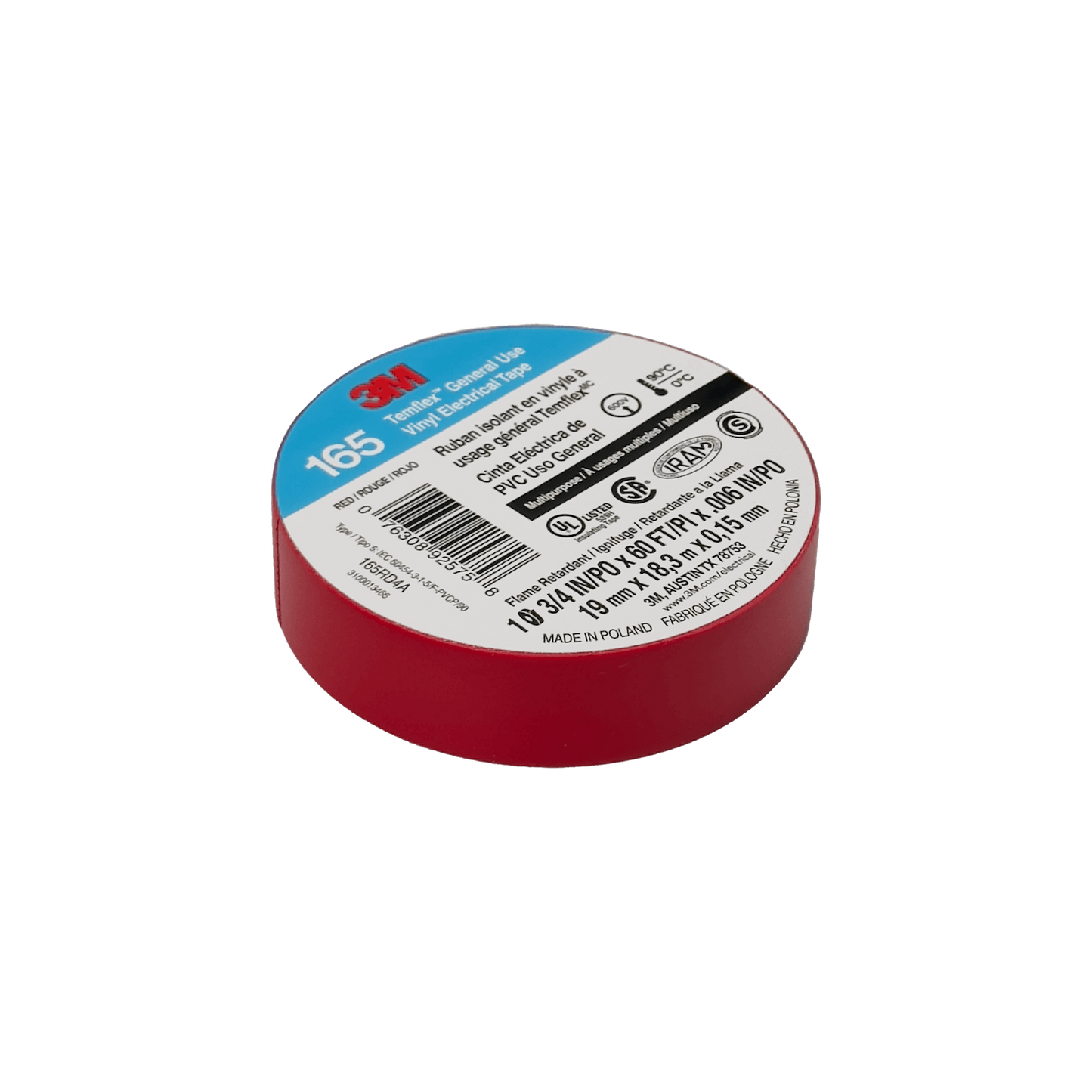 TEMFLEX-18R Cinta Aislante PVC Roja 3M 18mt 165 19mm 0,15mm 600V 0-90ºC