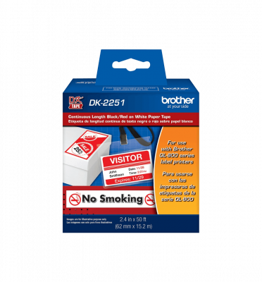 DK2251 BROTHER Rollo continuo adhesivo de 62mm x 15,2m Negro/Rojo sobre Blanco para impresora QL