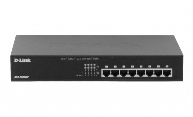 DGS-1008MP D-LINK Switch no administrable 8 puertos 1000 con PoE 48V af/at 140W total 802.3at para rack 240V