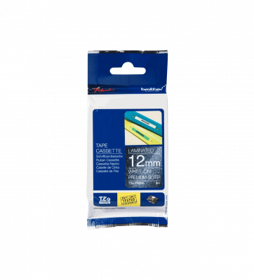 TZE-PR935 BROTHER Cinta laminada de 12mm con impresión dorada brillante sobre base plateada, bobina de 8 metros para rotuladores PT-H110 y E300