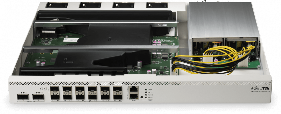 CCR2216-1G-12XS-2XQ Enrutador MIKROTIK con 2 puertos QSFP28 de 100G, 12 SFP28, 1 gestión 1000Base-T, licencia L6, doble fuente 220 VAC, requiere cables C13