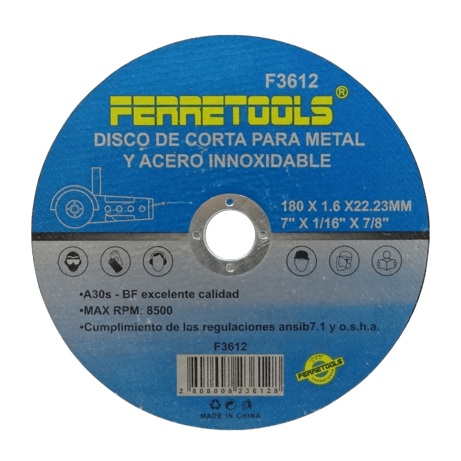MET7-16 Disco de corte para metal de 180mm x 1,6mm con diámetro interior de 22,23mm para 8500rpm A30s F3612