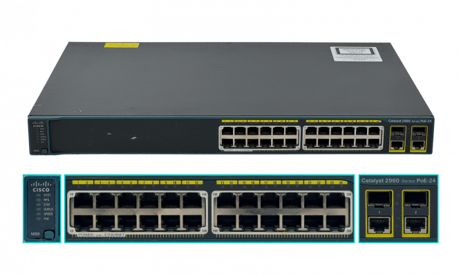 WS-C2960-24PC-L DE SEGUNDA MANO CISCO CONMUTADOR 24-PUERTOS-100Mbps-PoE 370W-TOTAL 2-PUERTOS-SFP-COMPARTIDOS TERMINAL ADMINISTRACION BASTIDOR