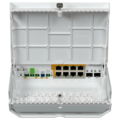 NETPOWER-LITE-8P MIKROTIK 2-SFP+10G 8-1000 PoE-out IP54 SwOS req24-57V UPS-24V inc-TC
