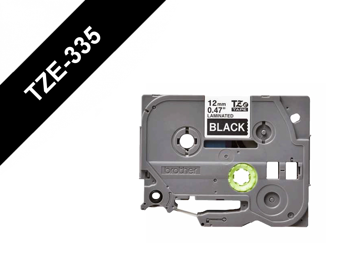 TZE-335 BROTHER 12mm Blanco sobre Fondo Negro Cinta 8mt para PT-H110/E300/E550/D600