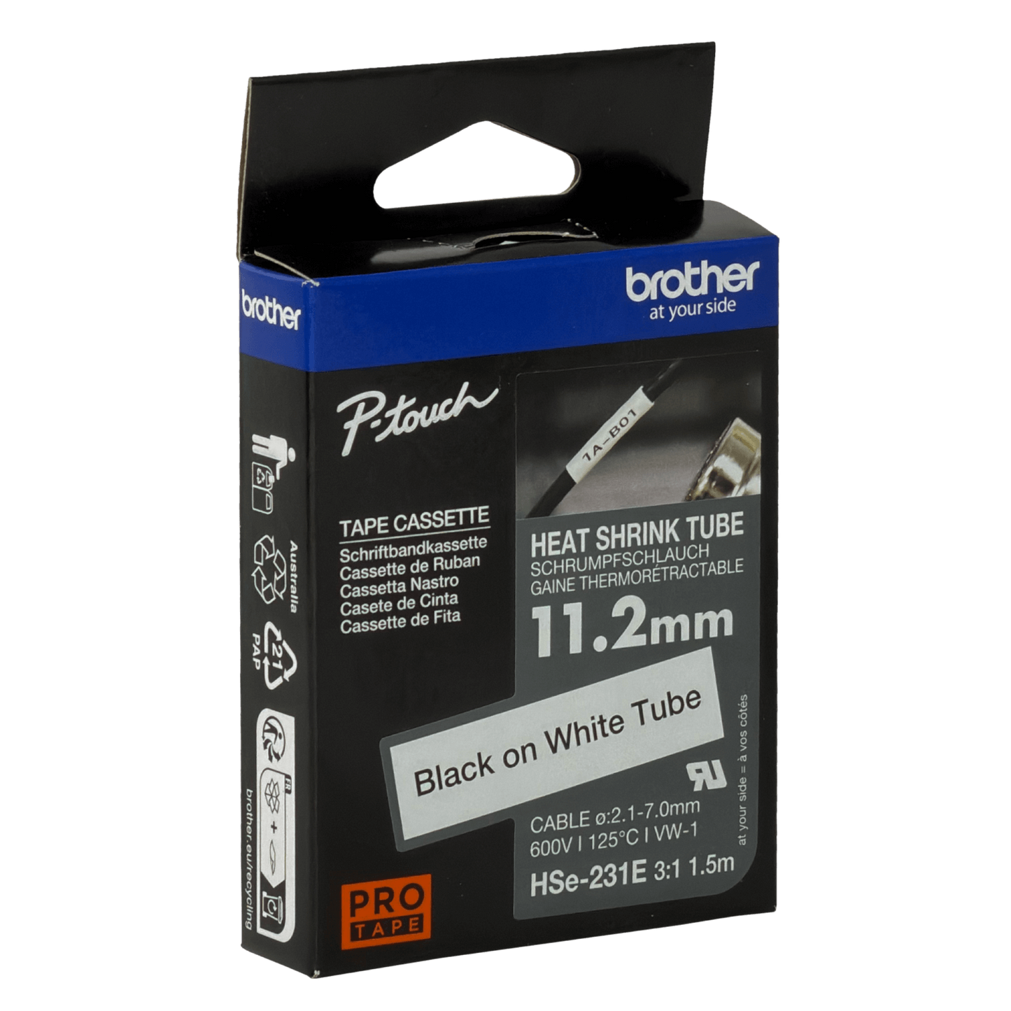 HSE-231E BROTHER Cinta termocontraíble de 11,2 mm, relación 2,1-7,0 mm, color negro sobre blanco, longitud 1,5 metros