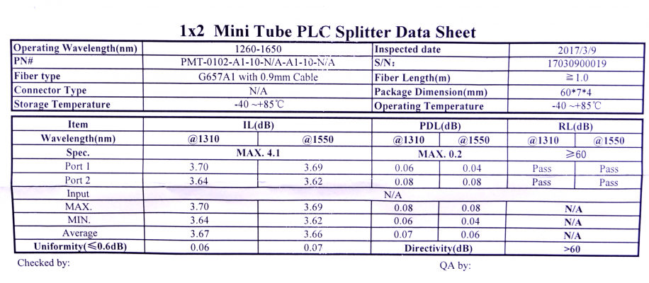 SPLITTER-02 1x2 sin-Conectores Divisor requiere-Fusion G657A1 EPON GPON XPON XGPON