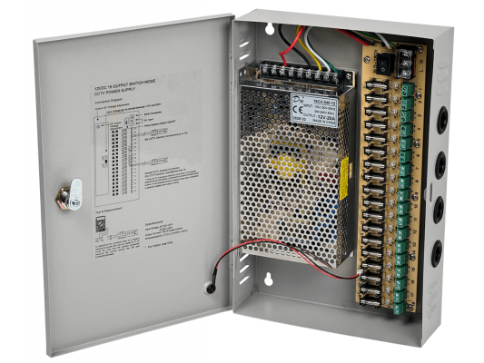 F12-20T Fuente de Alimentación 240W 12VDC 20A 18-Salidas Gabinete con Llave Piloto 100-240VAC