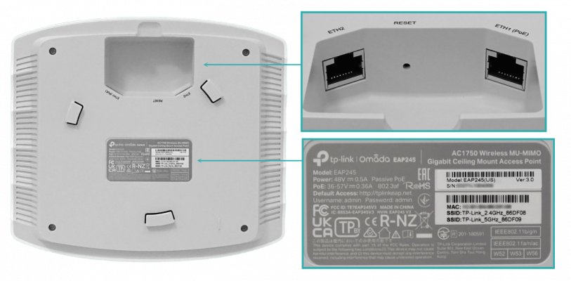 EAP245 TP-LINK AC1750 AP Techo 2,4/5GHz 450/1300mbps 2-1000(1-PoE) inc-PoE48V