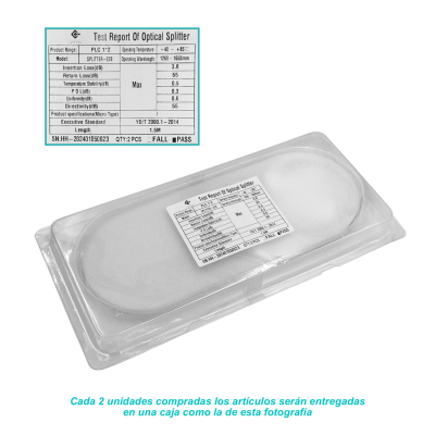 SPLITTER-02B Divisor óptico 1x2 sin conectores para redes EPON/GPON, longitud 1,5m, requiere empalme por fusión, rango 1260-1650nm