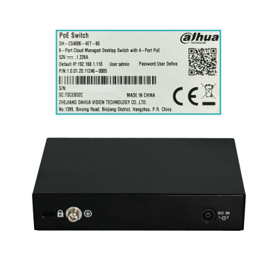 CS4006-4ET-60. DAHUA Conmutador 4-100-PoE+ 2-1000 60W-tot Capa2 26mm incl-53V