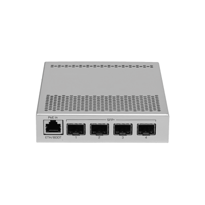 CRS305-1G-4S+IN MIKROTIK Switch de Fibra Administrable Capa 5, 4 Puertos SFP+ 10G, 1 Puerto 1000 con PoE Pasivo, Doble Entrada DC, Fuente 24V Incluida