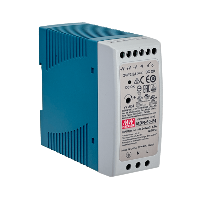 MDR-60-24 MEANWELL Fuente de Alimentación de 24VDC, 60W y 2,5A Ajustable para Riel DIN de 42mm de Ancho