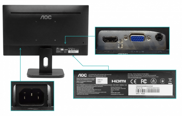 20E1H. AOC Pantalla 20-pulgadas resolución 1920x1080p frecuencia 75Hz conectores HDMI/VGA proporción 16:9 Monitor con entrada C13 alimentación 100-240VAC