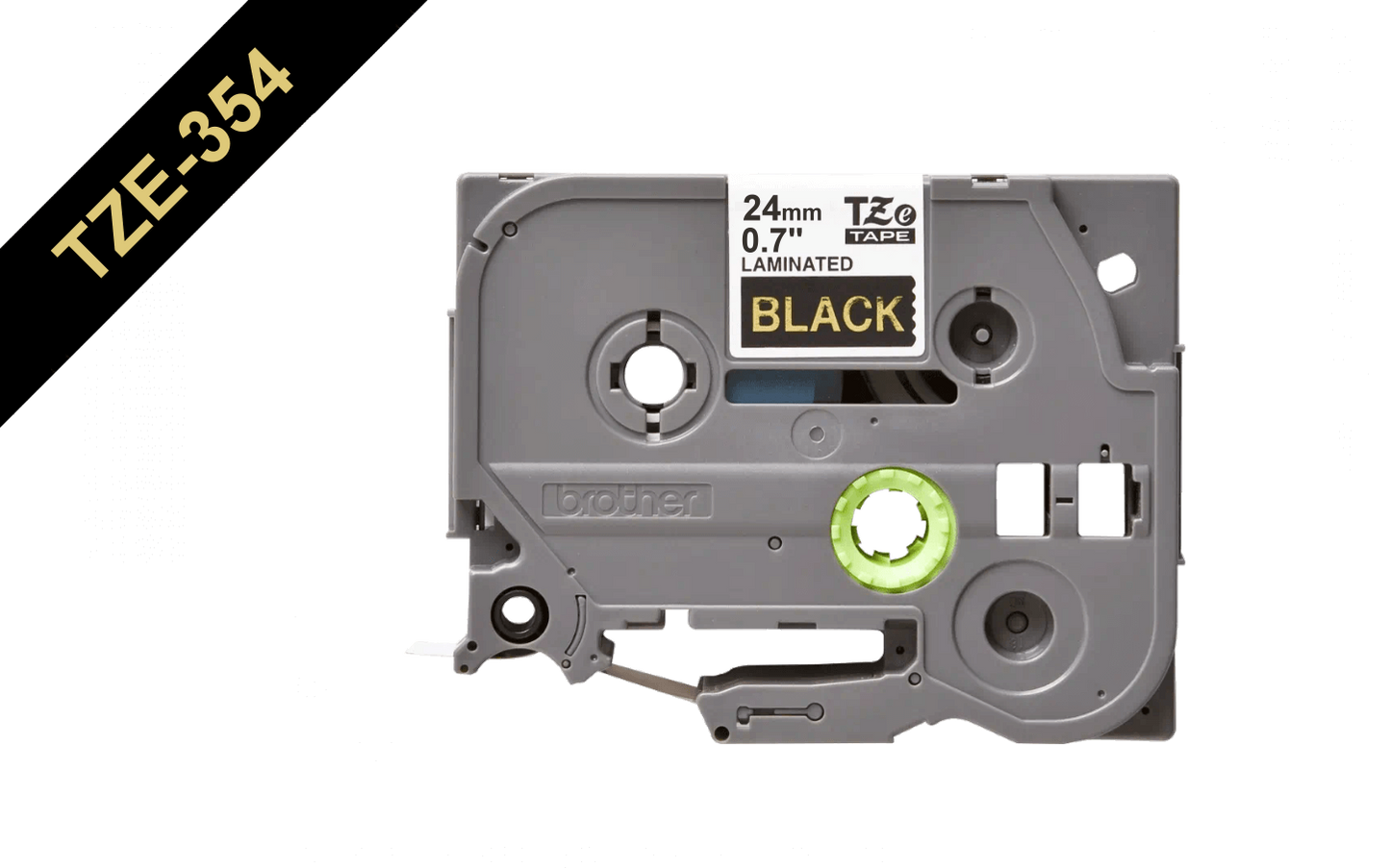 TZE-354 BROTHER Cinta de etiquetado de 24mm, impresión dorada sobre fondo negro, rollo de 8 metros, compatible con equipos PT-E550WVP, D600VP y P900W