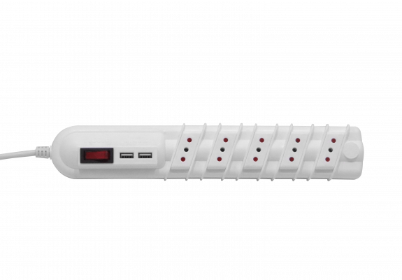 ELG-35WU Regleta RITTIG blanca 5 tomas con interruptor luminoso, 2 USB 5V, cable 3m, 10A-250V, 2200W