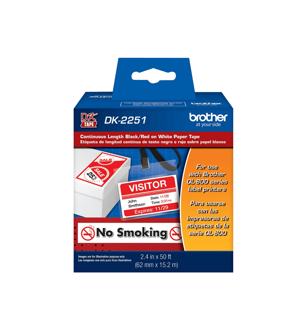 DK2251 BROTHER Rollo continuo adhesivo de 62mm x 15,2m Negro/Rojo sobre Blanco para impresora QL