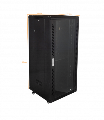 RK27-6L LINKMADE Armario Rack de Vidrio 27U con 600mm de Fondo, Turbina, PDU y Bandeja en Negro
