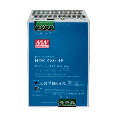 NDR-480-48 Fuente de alimentación MEANWELL riel DIN 48 VCC, 480 W, 10 A, ajustable 48-55 V, ancho 86 mm