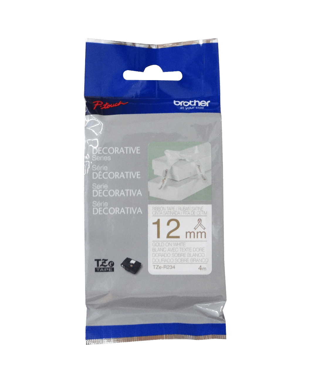 TZE-R234 BROTHER Satinado 12mm Dorado sobre Fondo Blanco Cinta 4mt para PT-H110/H200