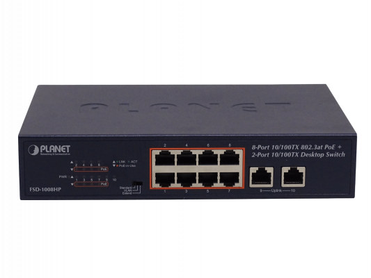 FSD-1008HP PLANET 10-100(8-PoE+af/at) 120W-tot Conmutador no-Gestionable Rack-10p Rack-19p