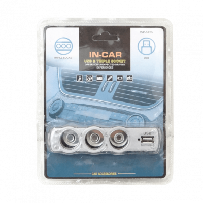 WF-0120 Adaptador 3-Tomas-Hembra Vehicular 1-Puerto-USB-Hembra-AH 5VDC 0,5A 12V/24V-Enchufe-Encendedor