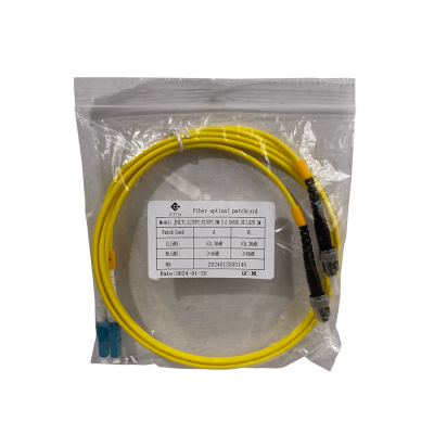 JFSLT1 Cable jumper de fibra óptica monomodo dúplex de 1 metro, conectores LC a ST/UPC, núcleo 9/125µm, cubierta LSZH de 3mm