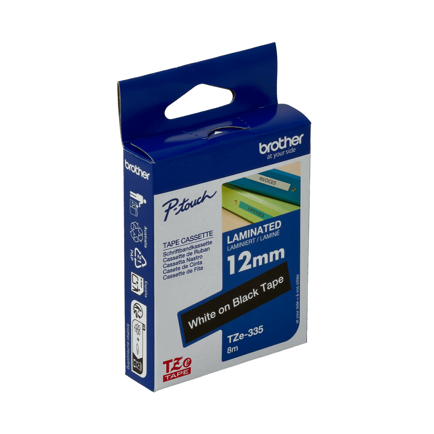 TZE-335 BROTHER 12mm Blanco sobre Fondo Negro Cinta 8mt para PT-H110/E300/E550/D600