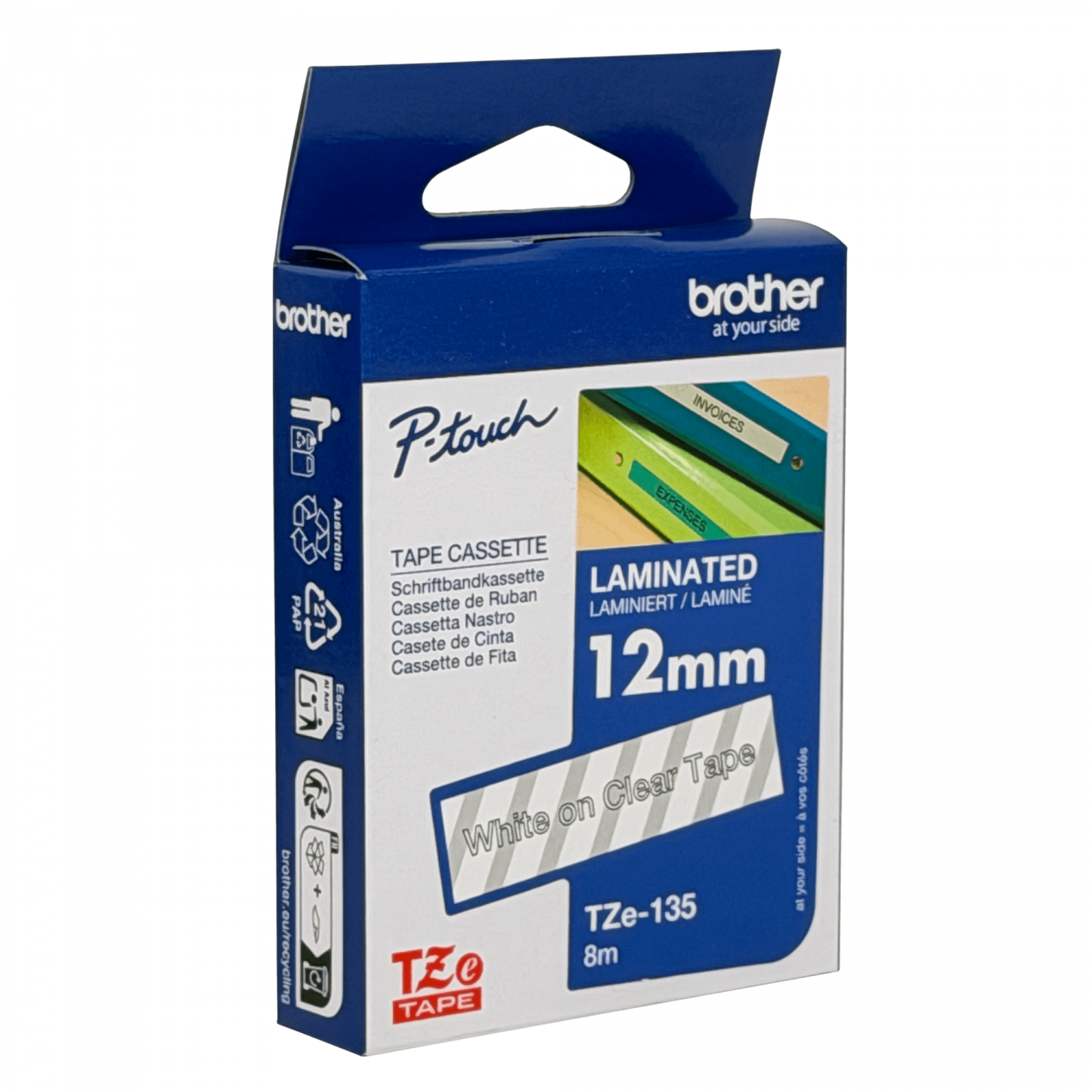 TZE-135 BROTHER Cinta de 12mm con impresión blanca sobre base transparente, rollo de 8 metros para PT-H110/D600/E