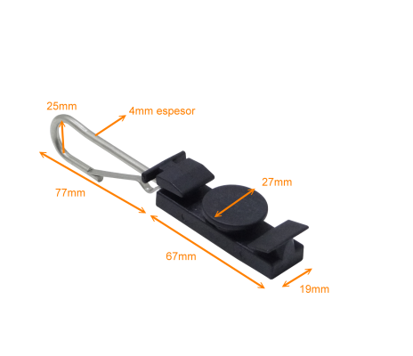 FTTH-DROP Gancho Metálico 77x25x4mm Sujeción Plástica 67x28x17mm p/Cable Fibra Drop