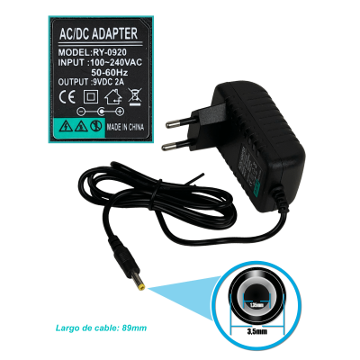 F9-W18 Adaptador de Corriente 9VDC 2A 18W 100-240VAC para Interior con Enchufe de Pared y Conector de 4mm