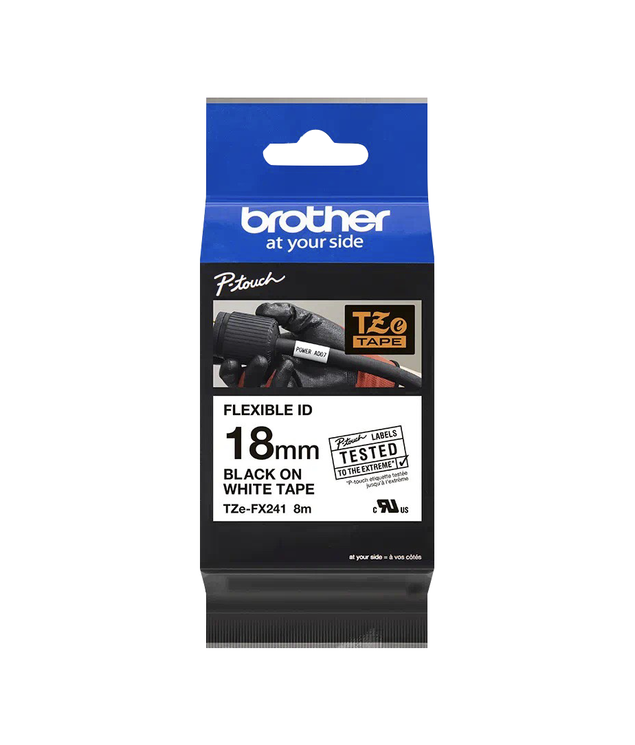 TZE-FX241 BROTHER Flexible 18mm Negro sobre Blanco Cinta 8m para PT-E300/E550/D600