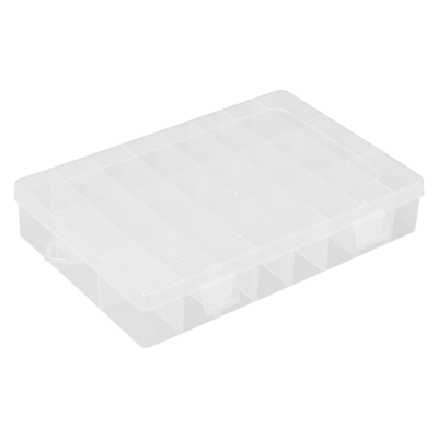 PLA-224 CAJA ORGANIZADORA TRANSPARENTE CON TAPA, 24 COMPARTIMENTOS MODULARES, 190x125x35mm